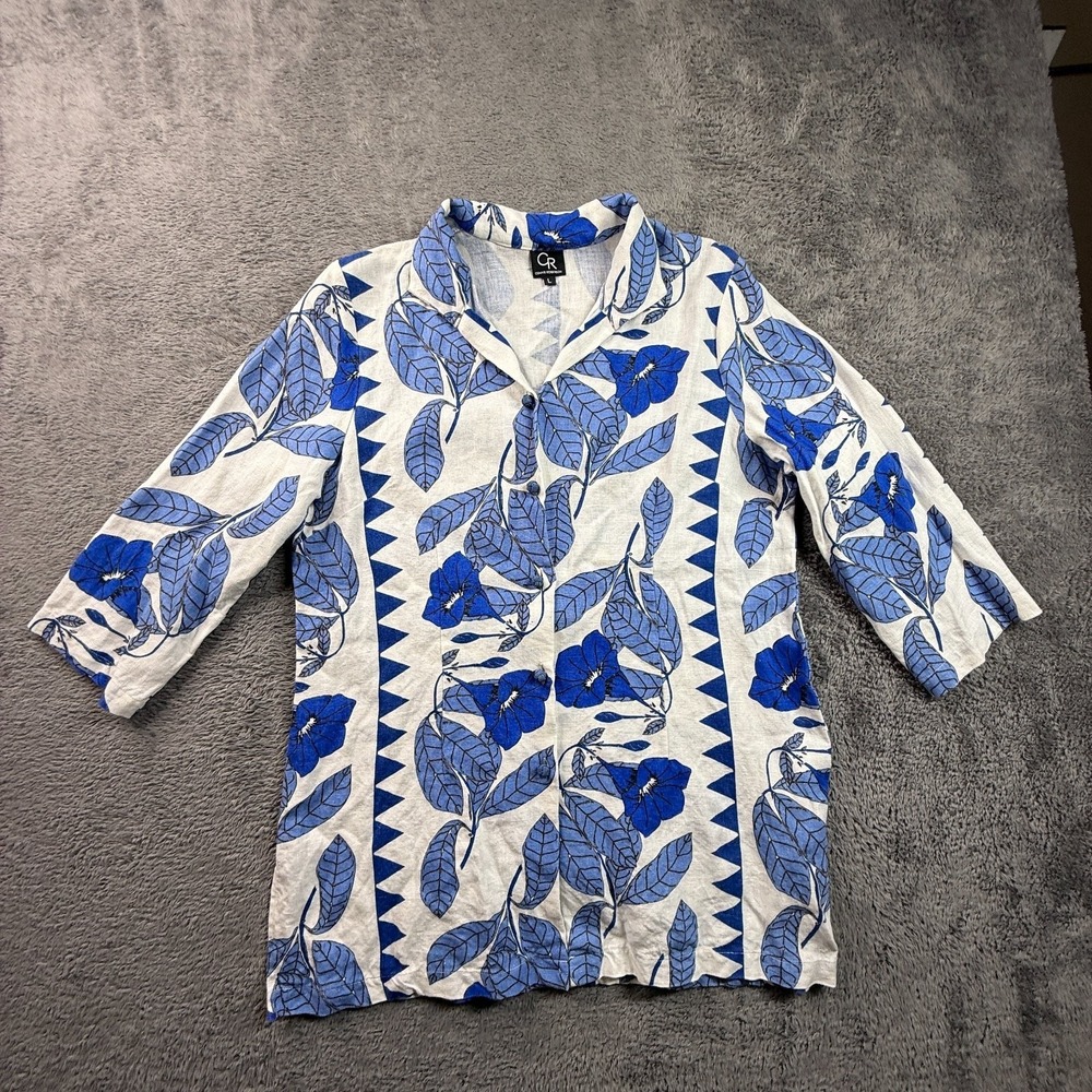 VTG Connie Roberson L Blue White Floral Linen Button Up Shirt Blouse 3/4 Sleeve